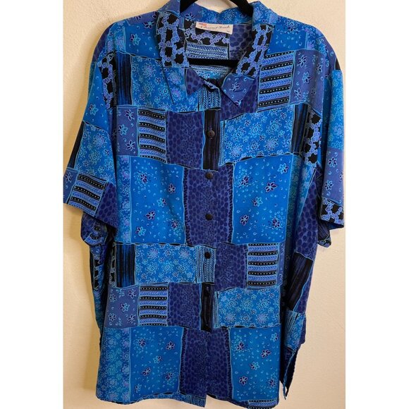 Vintage A Personal Touch Button Patchwork Floral Blue Short Sleeve Shirt Plus 3X - Picture 1 of 5